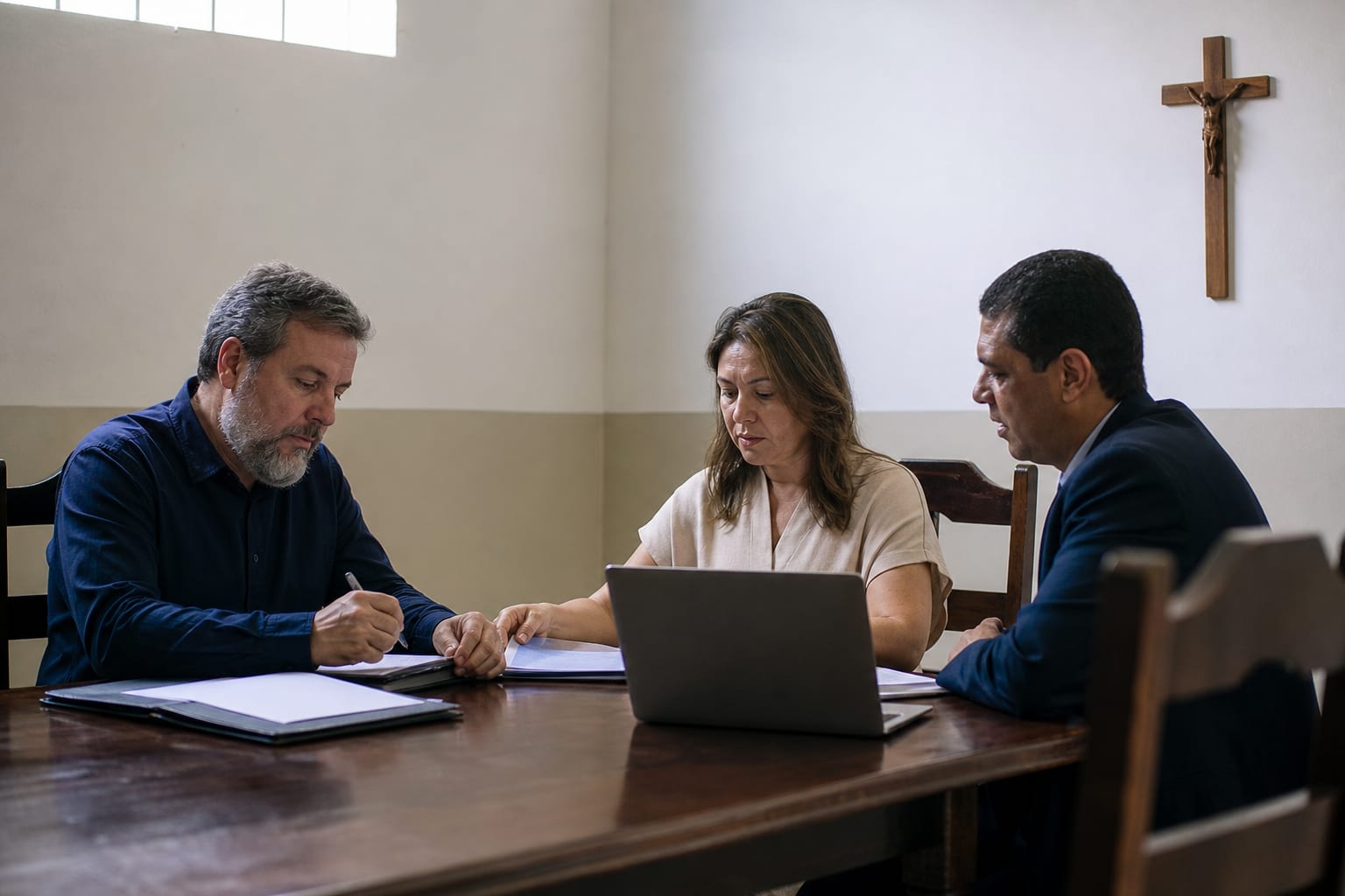 Reunião de mantenedora em torno de mesa com pastas de documentos abertas