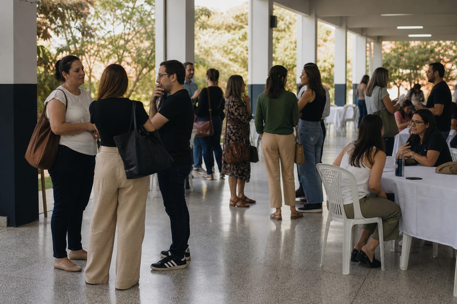 Pátio coberto de escola com mesas de atendimento e famílias conversando em grupos